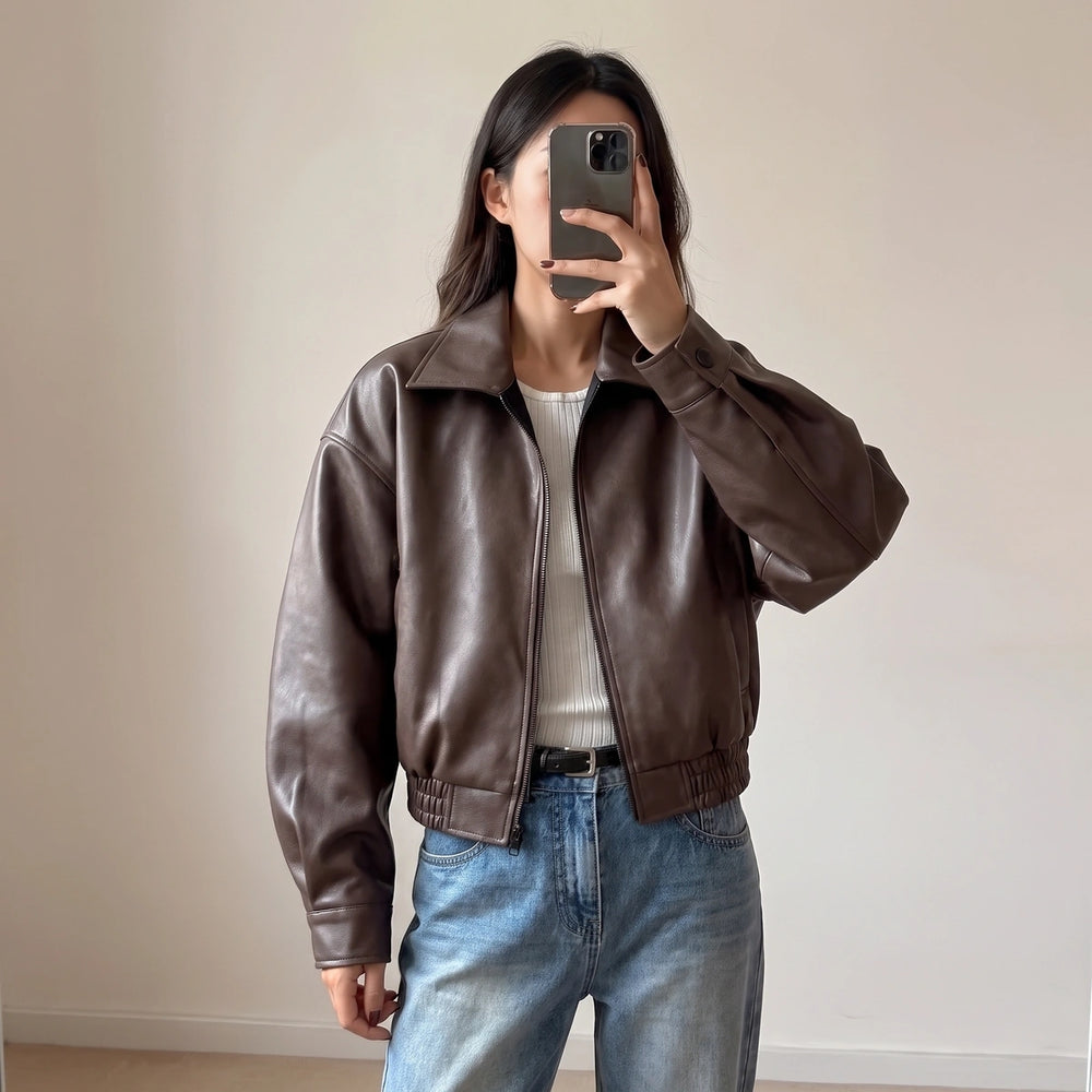 Thomasin Cropped Leather Bomber - Dark Brown