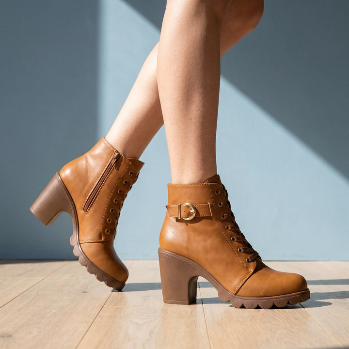 Thora Lace Up Buckle Block Heel Ankle Boots - Brown