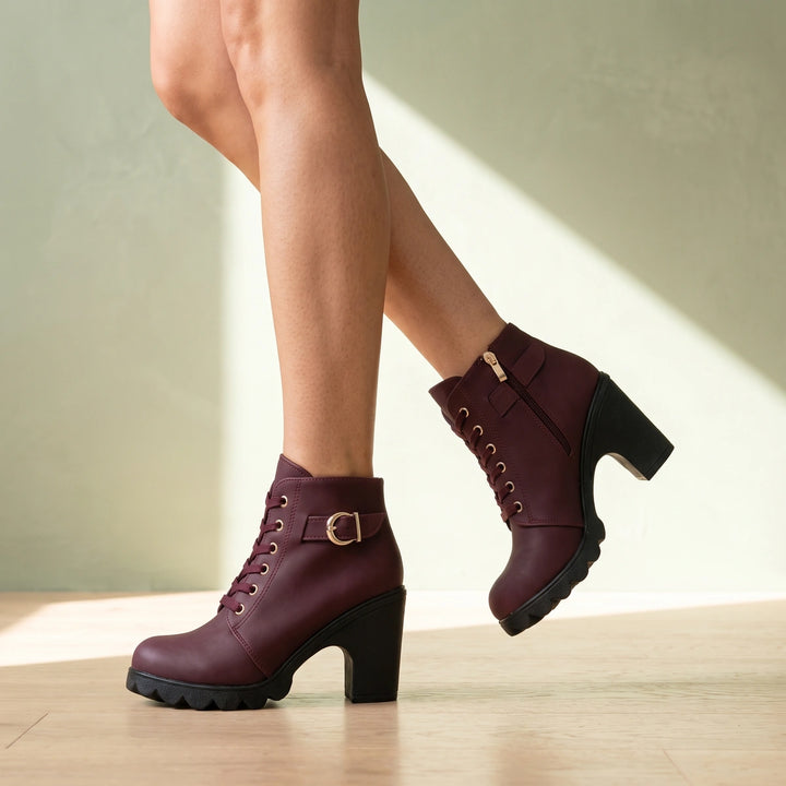 Thora Lace Up Buckle Block Heel Ankle Boots - Burgundy