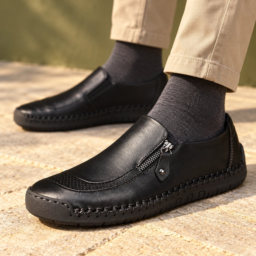 Travis Hand Stitched Leather Side Zip Slip On Shoes - Black