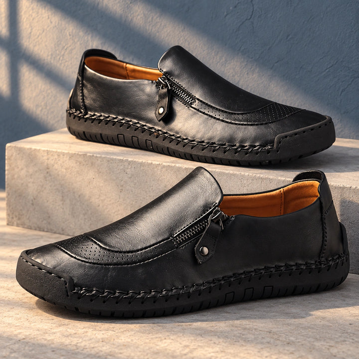 Travis Hand Stitched Leather Side Zip Slip On Shoes - Black