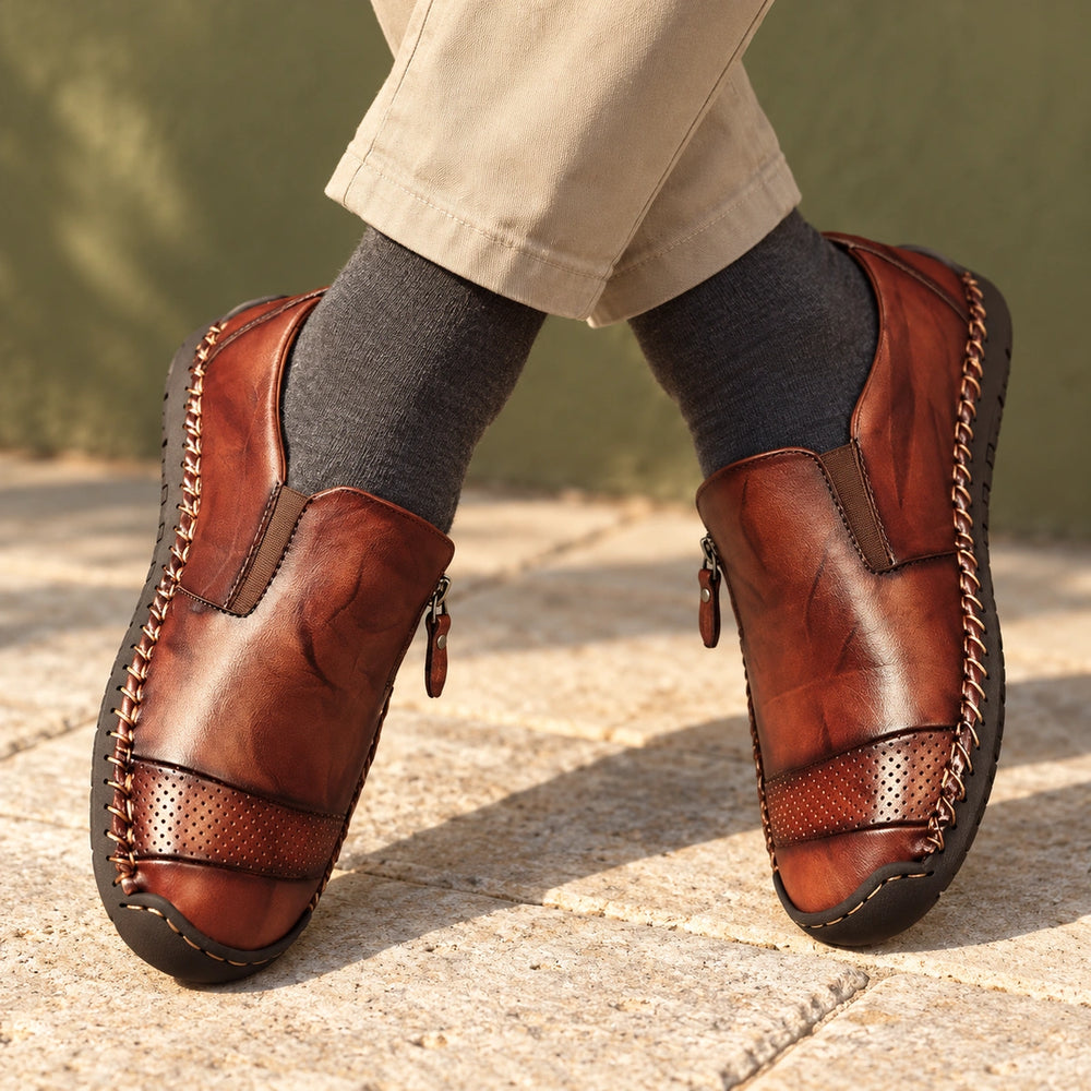 Travis Hand Stitched Leather Side Zip Slip On Shoes - Brown