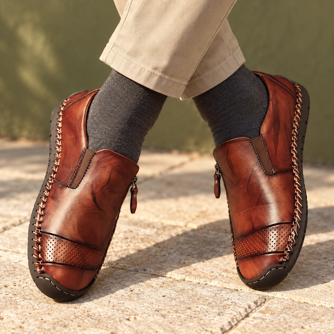 Travis Hand Stitched Leather Side Zip Slip On Shoes - Brown