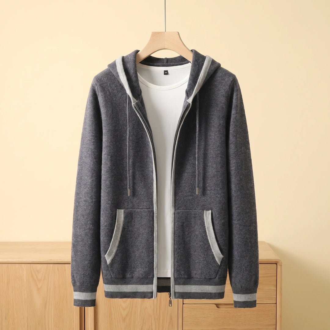 Ulysses Cashmere Contrast Tipped Hooded Zip Cardigan - Dark Gray