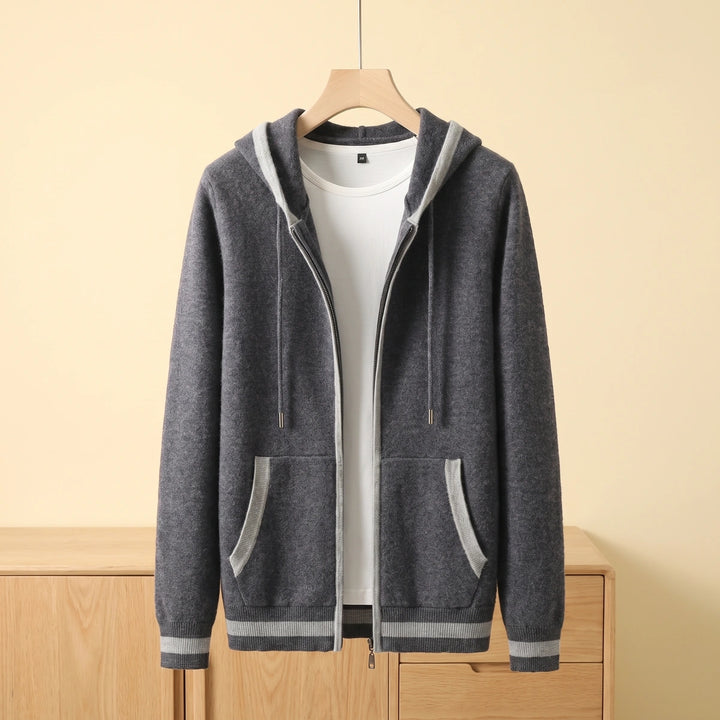 Ulysses Cashmere Contrast Tipped Hooded Zip Cardigan - Dark Gray