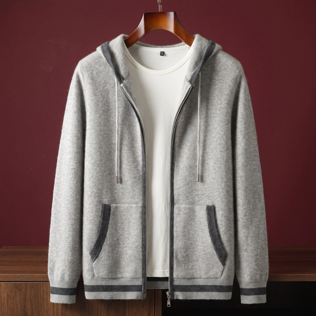 Ulysses Cashmere Contrast Tipped Hooded Zip Cardigan - Gray