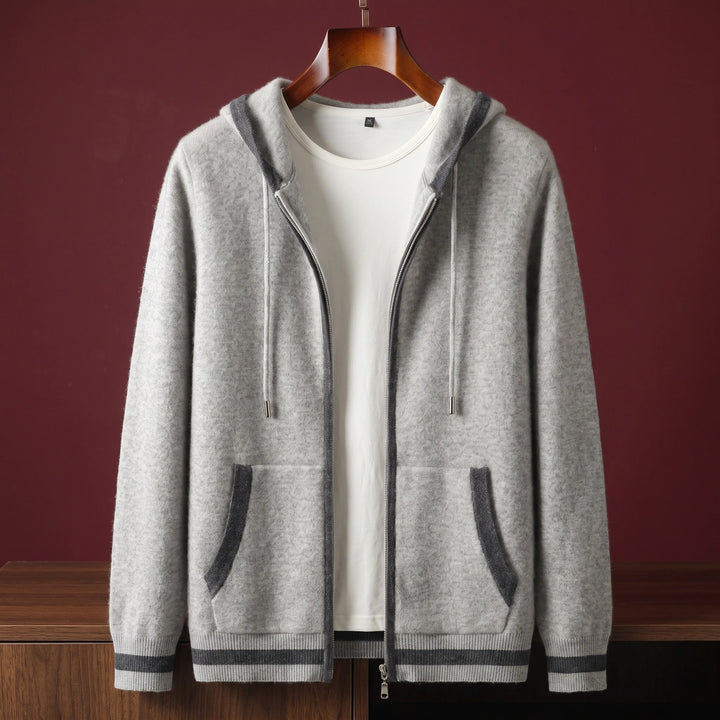 Ulysses Cashmere Contrast Tipped Hooded Zip Cardigan - Gray