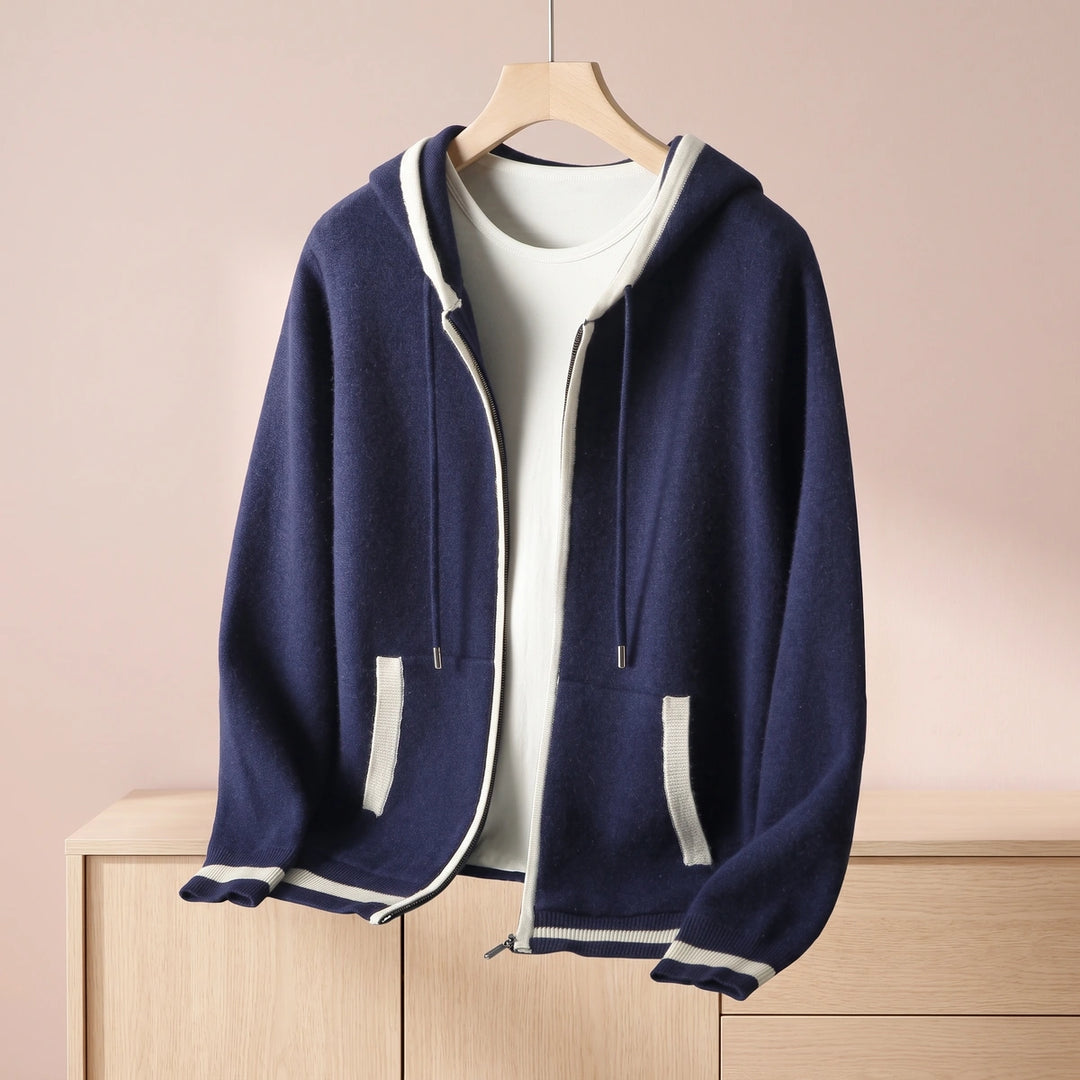 Ulysses Cashmere Contrast Tipped Hooded Zip Cardigan - Navy Blue