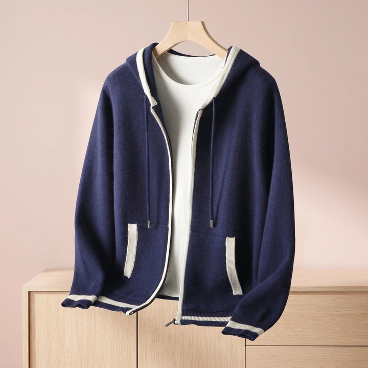 Ulysses Cashmere Contrast Tipped Hooded Zip Cardigan - Navy Blue