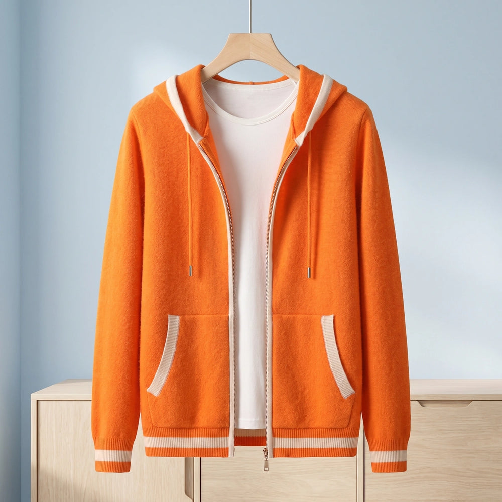Ulysses Cashmere Contrast Tipped Hooded Zip Cardigan - Orange