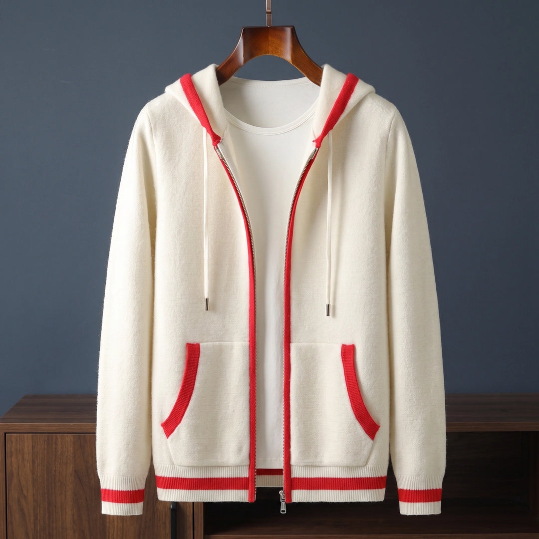 Ulysses Cashmere Contrast Tipped Hooded Zip Cardigan - White