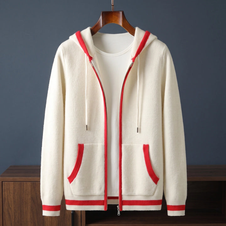 Ulysses Cashmere Contrast Tipped Hooded Zip Cardigan - White