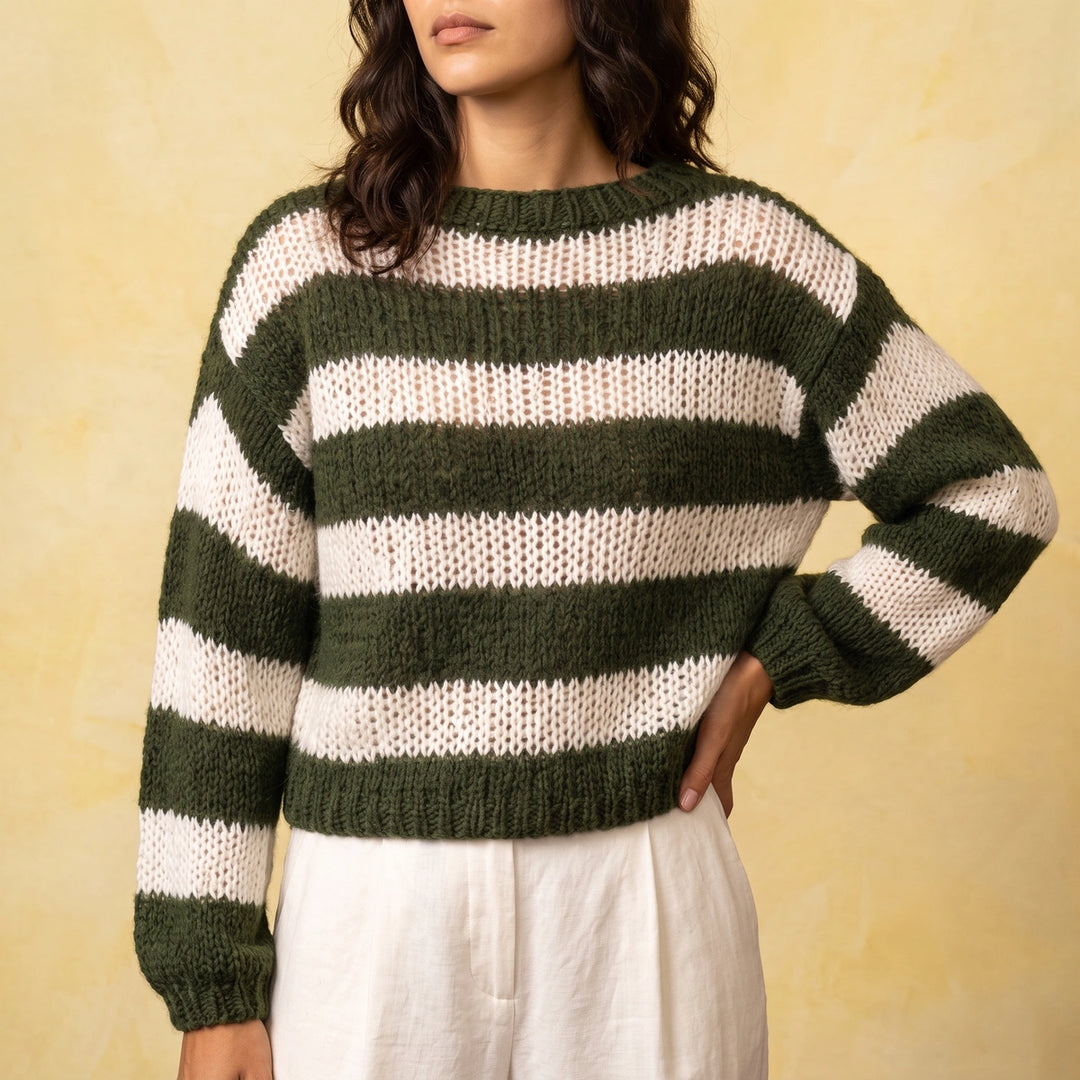 Una Striped Open Knit Crew Neck Sweater - Army Green