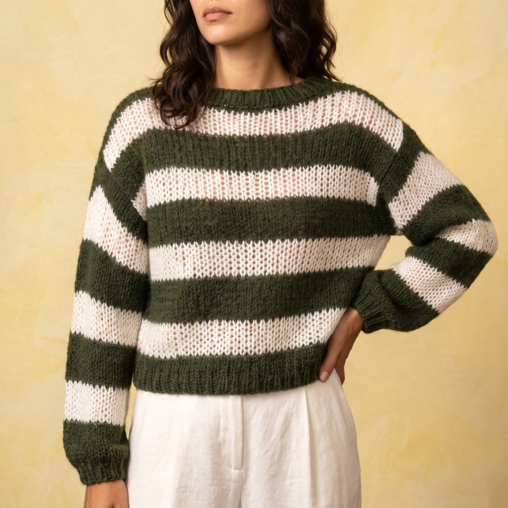 Una Striped Open Knit Crew Neck Sweater - Army Green