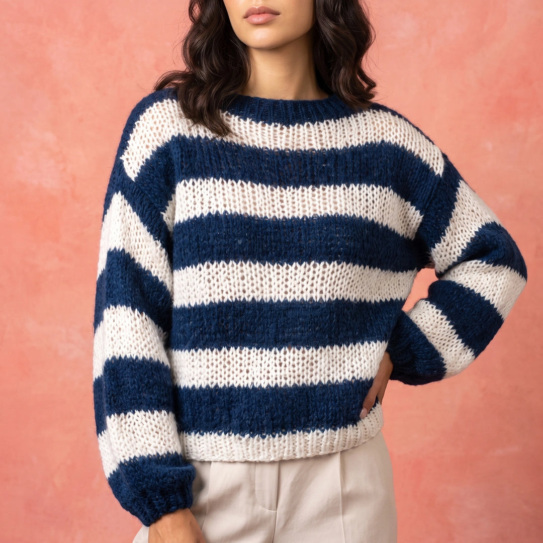 Una Striped Open Knit Crew Neck Sweater - Blue