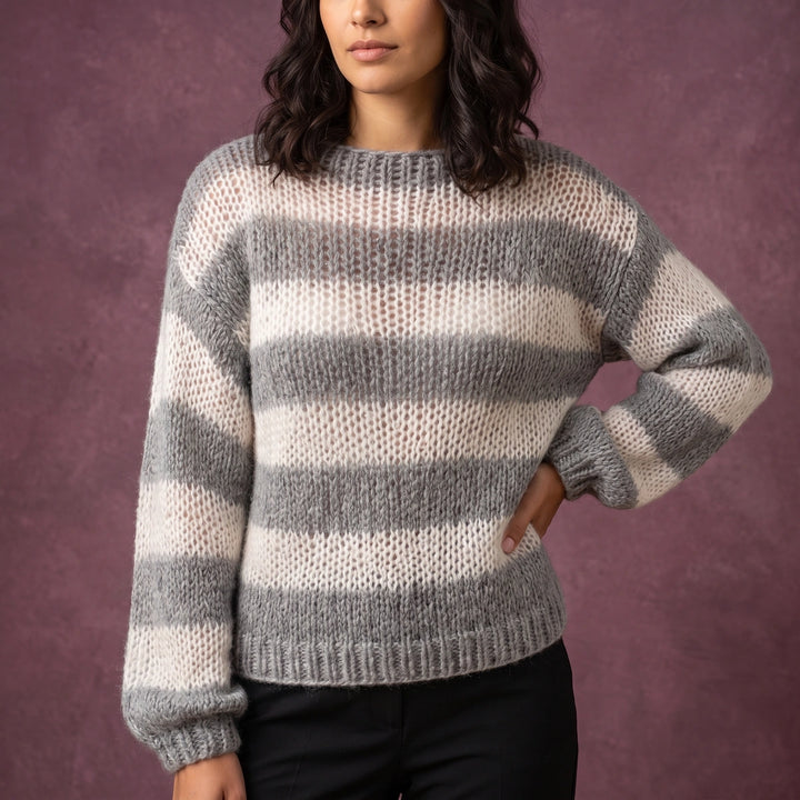 Una Striped Open Knit Crew Neck Sweater - Gray