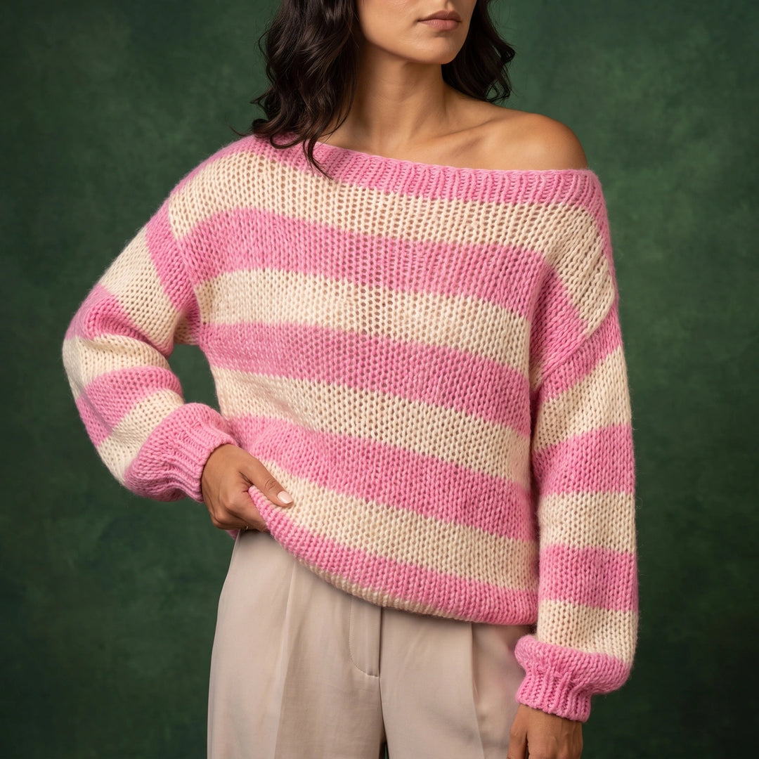 Una Striped Open Knit Crew Neck Sweater - Pink