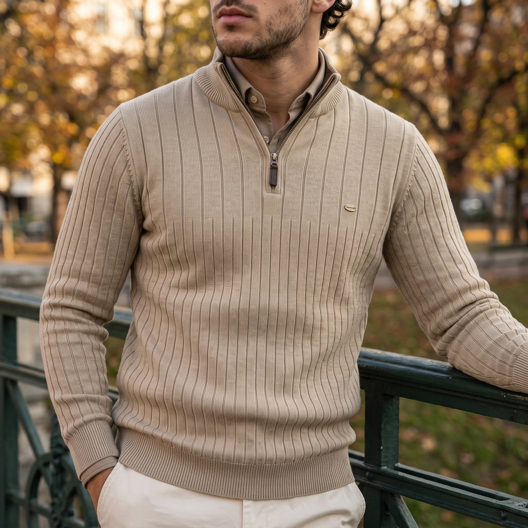 Valerian Rib Knit Quarter Zip Pullover Sweater - Beige