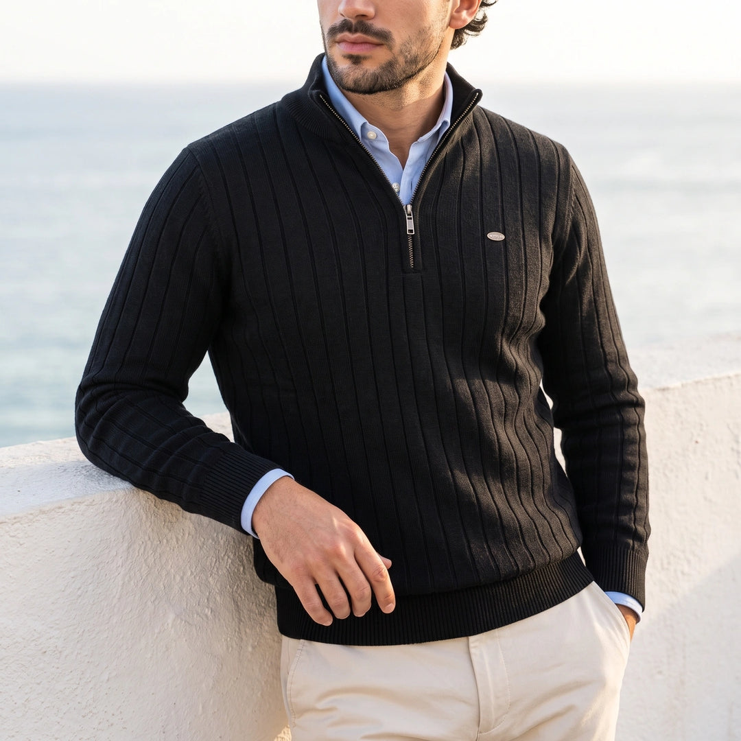 Valerian Rib Knit Quarter Zip Pullover Sweater - Black