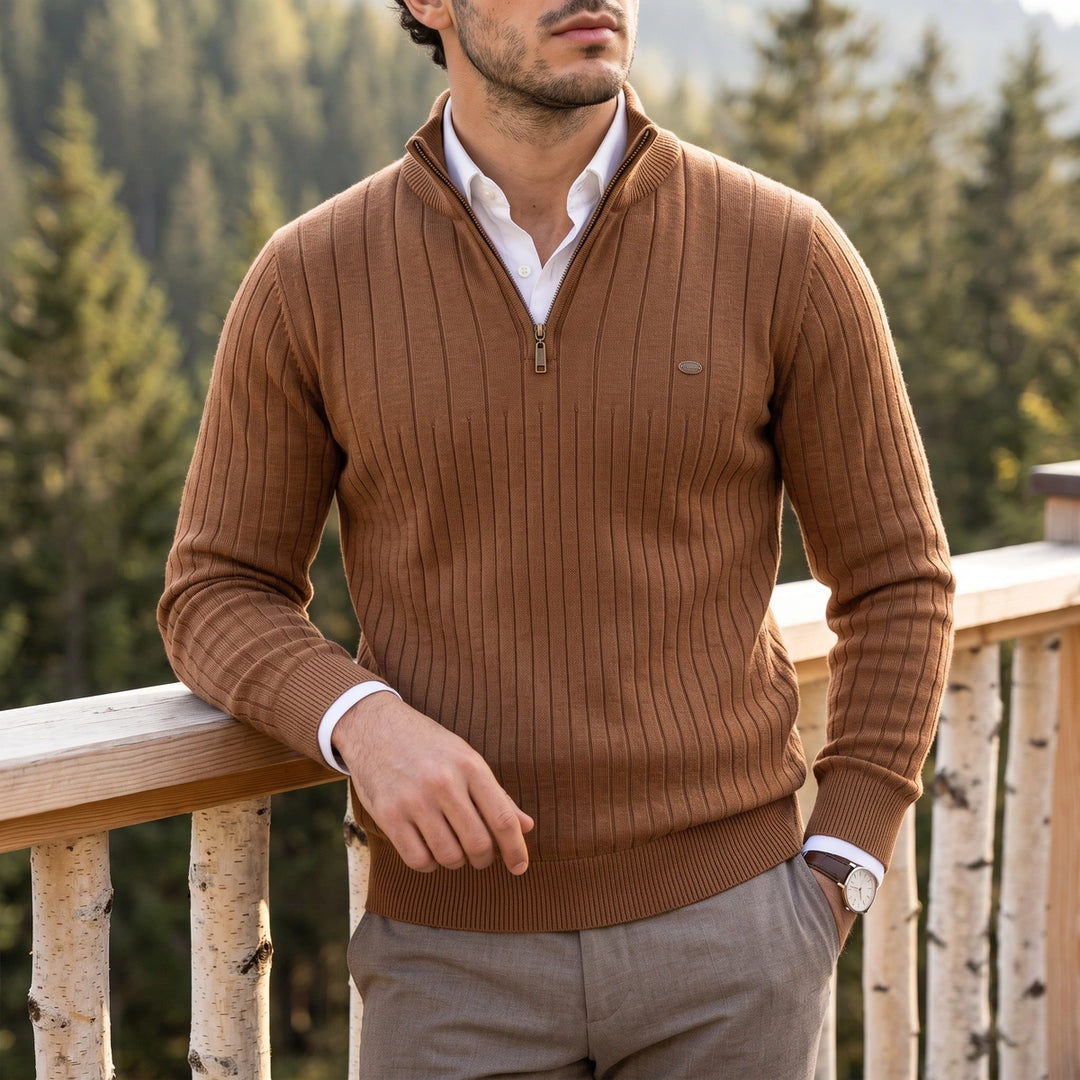 Valerian Rib Knit Quarter Zip Pullover Sweater - Brown