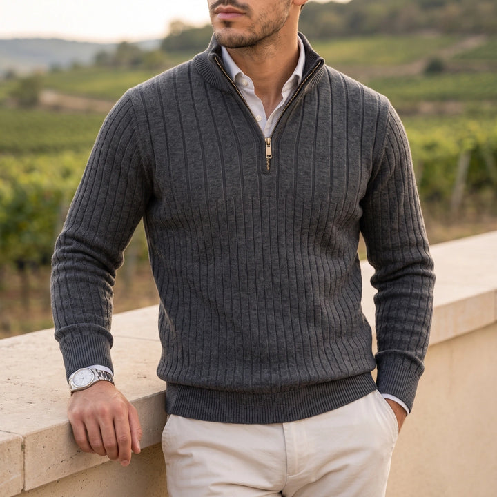 Valerian Rib Knit Quarter Zip Pullover Sweater - Gray