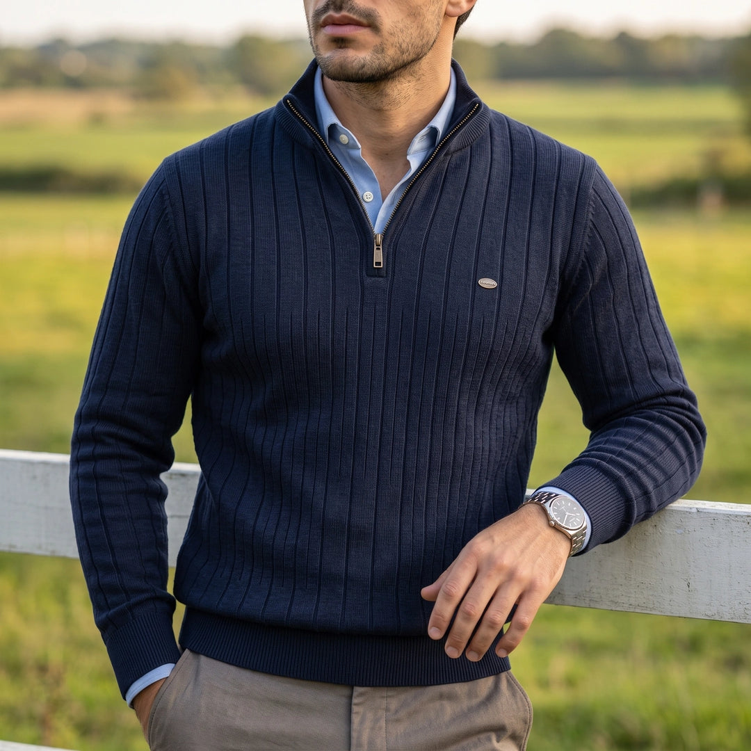 Valerian Rib Knit Quarter Zip Pullover Sweater - Navy Blue