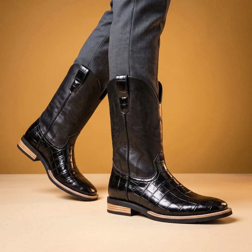 Vasco Croc Foot Stitched Shaft Western Boots - Black