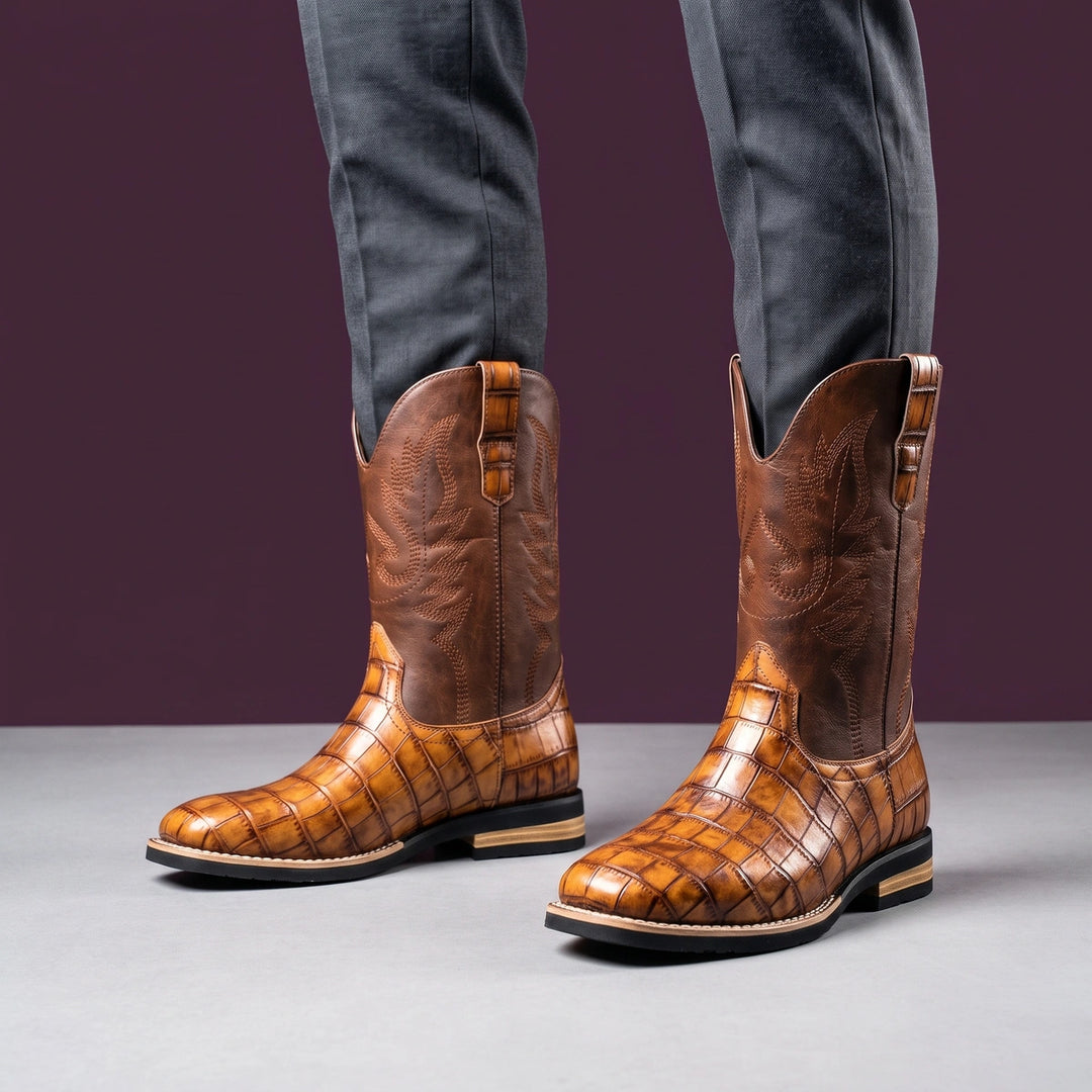 Vasco Croc Foot Stitched Shaft Western Boots - Brown