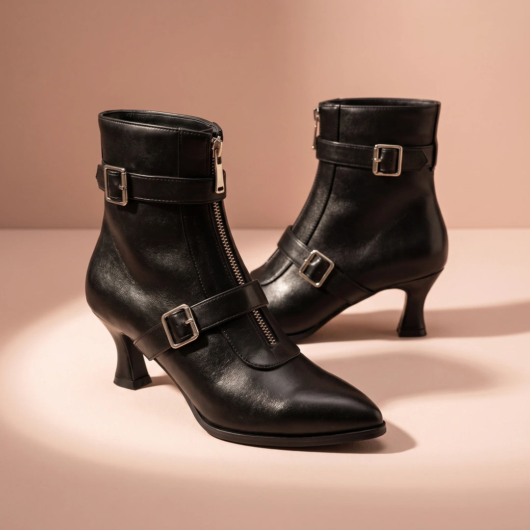 Viola Double Buckle Pointed Ankle Boots - Black
