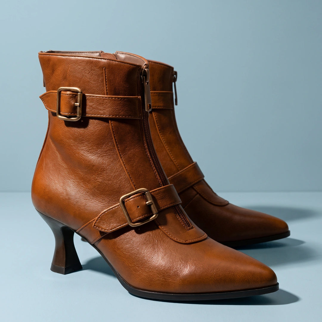Viola Double Buckle Pointed Ankle Boots - Brown