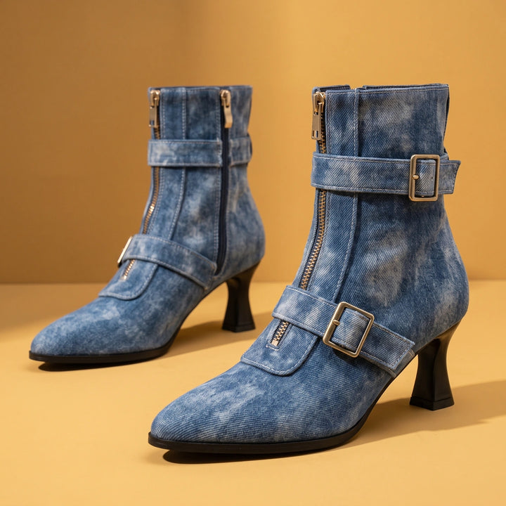 Viola Double Buckle Pointed Ankle Boots - Denim