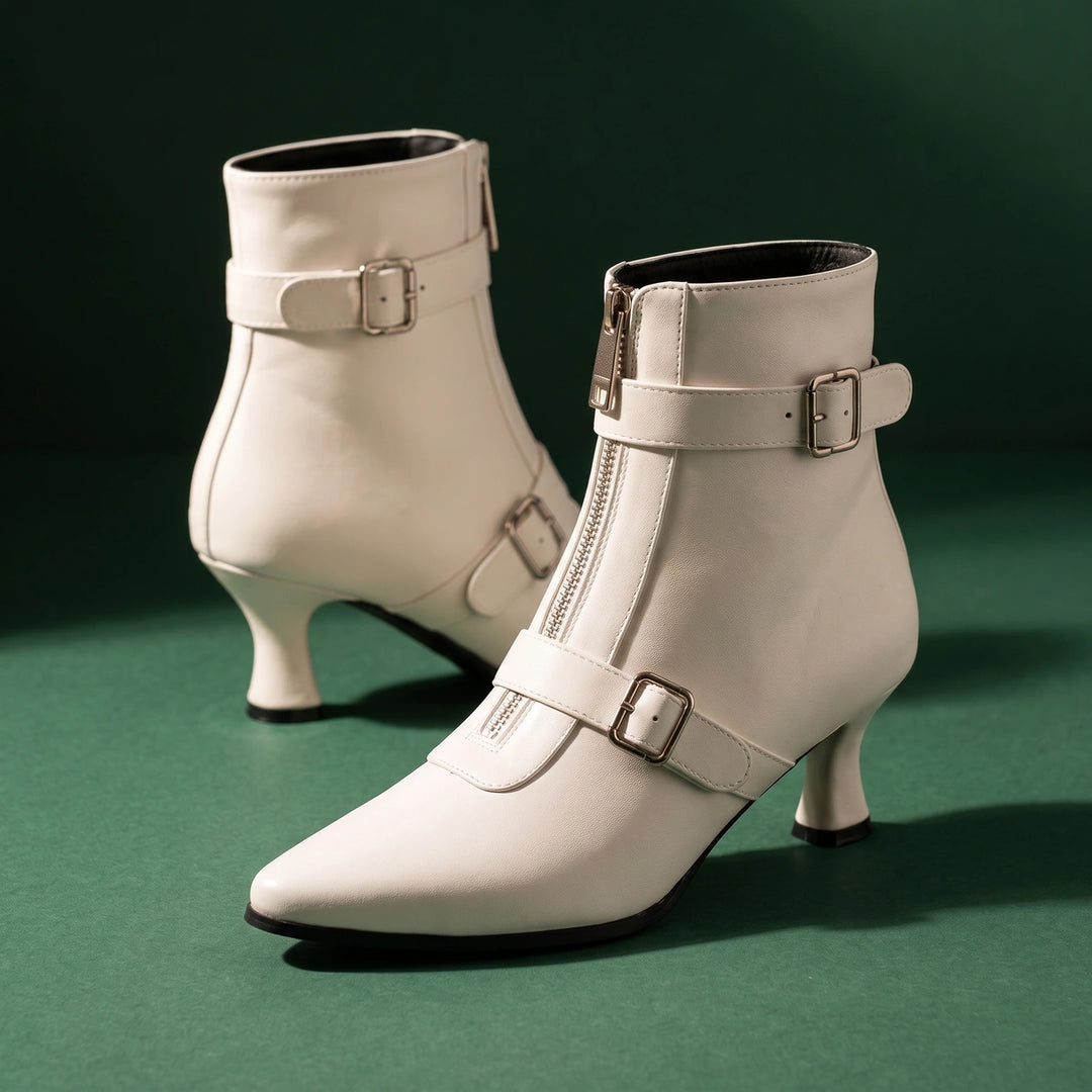 Viola Double Buckle Pointed Ankle Boots - White