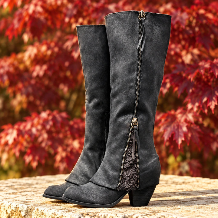 Virginia Weathered Lace Panel Tall Boots - Black