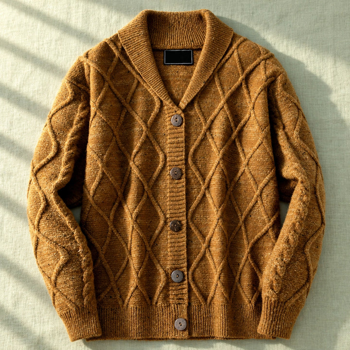Wendel Wool Blend Diamond Knit Shawl Cardigan - Brown