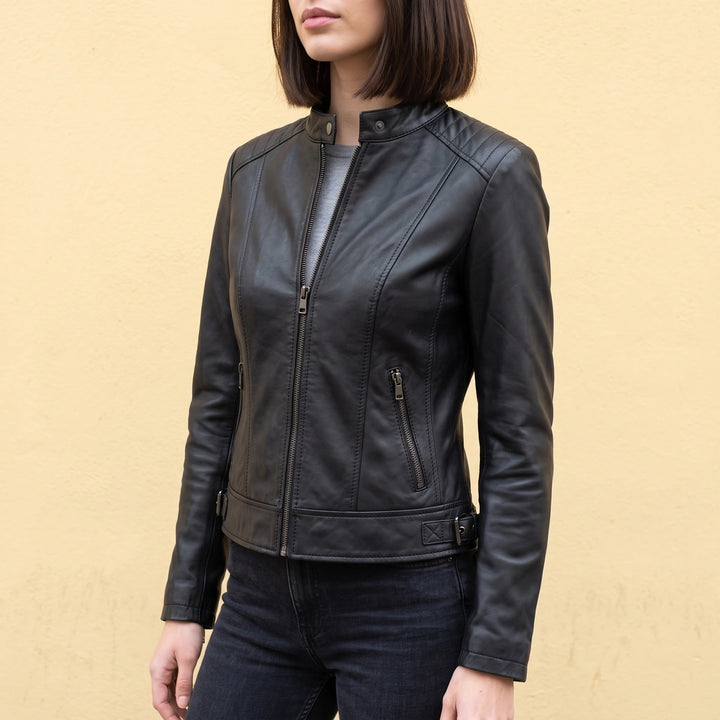 Xanthia Cropped Leather Moto Jacket - Black