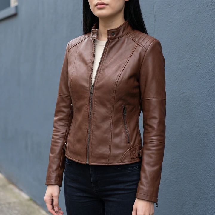 Xanthia Cropped Leather Moto Jacket - Brown