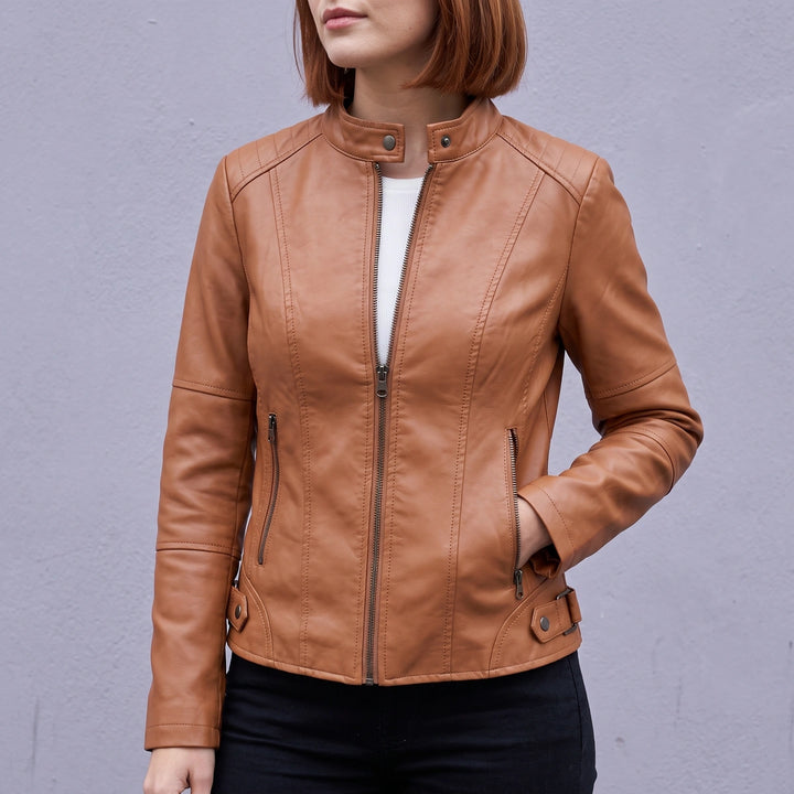 Xanthia Cropped Leather Moto Jacket - Cognac