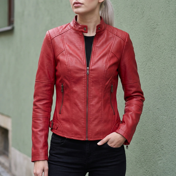 Xanthia Cropped Leather Moto Jacket - Red