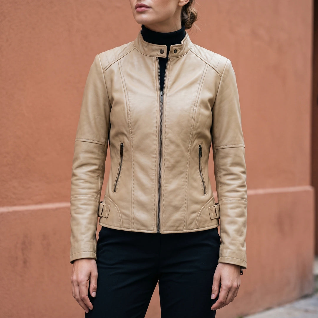 Xanthia Cropped Leather Moto Jacket - Sand