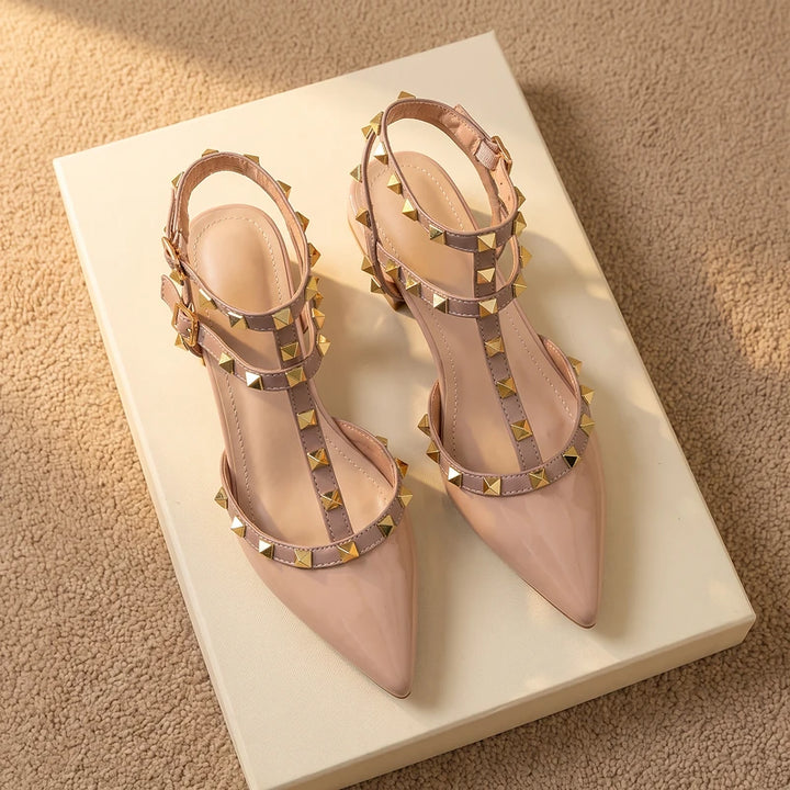 Lucille Women's Studded T-Strap Heels - Apricot