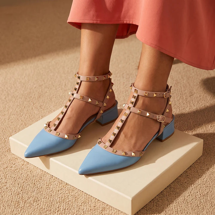 Lucille Women's Studded T-Strap Heels - Sky Blue