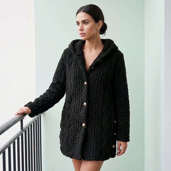 Zelie Plush Cable Textured Hooded Cardigan - Black