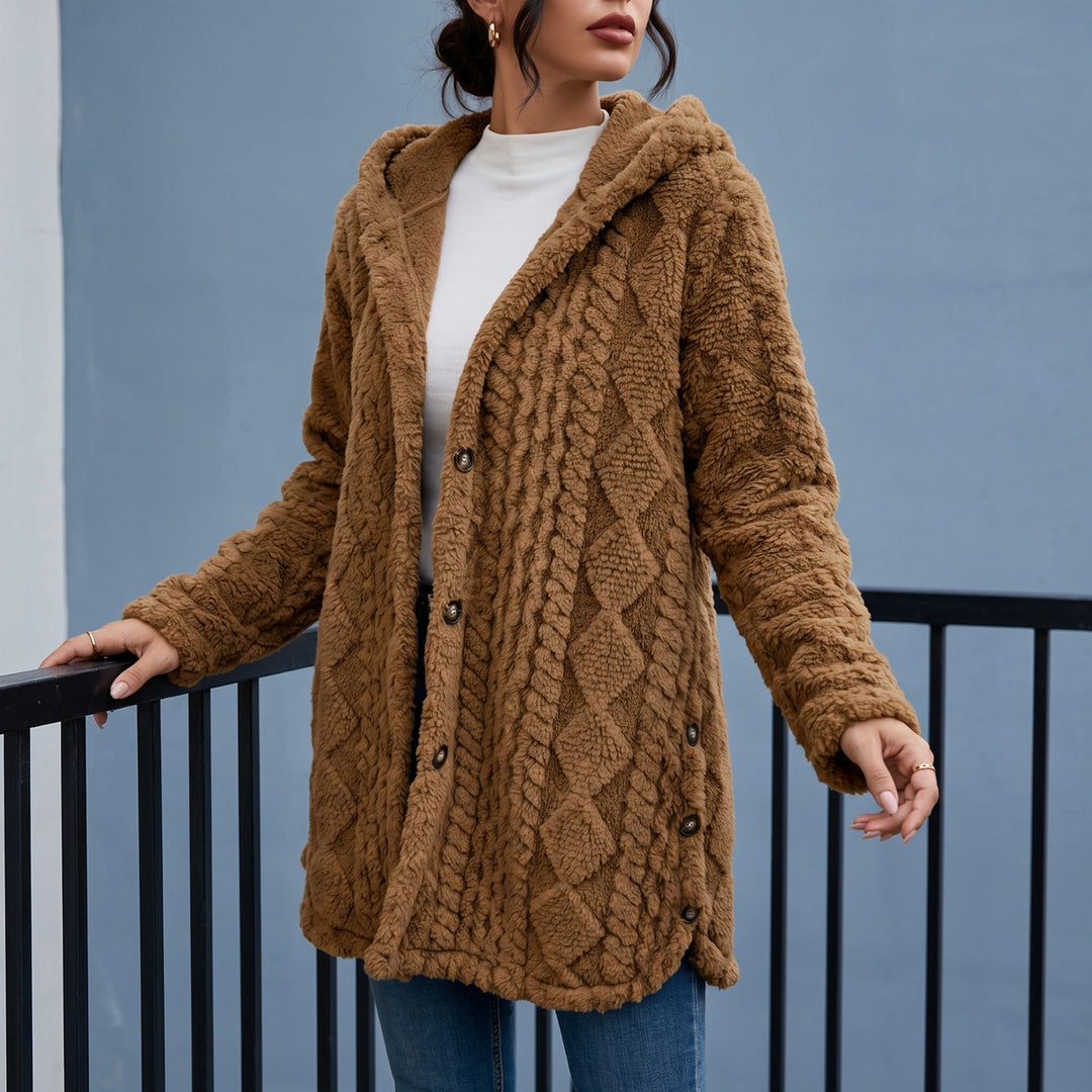 Zelie Plush Cable Textured Hooded Cardigan - Camel