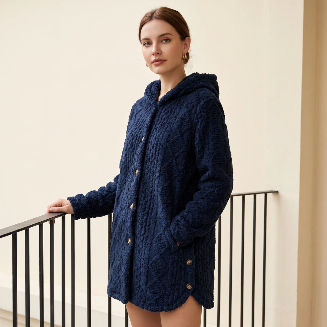 Zelie Plush Cable Textured Hooded Cardigan - Navy Blue