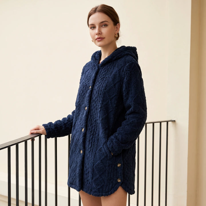 Zelie Plush Cable Textured Hooded Cardigan - Navy Blue