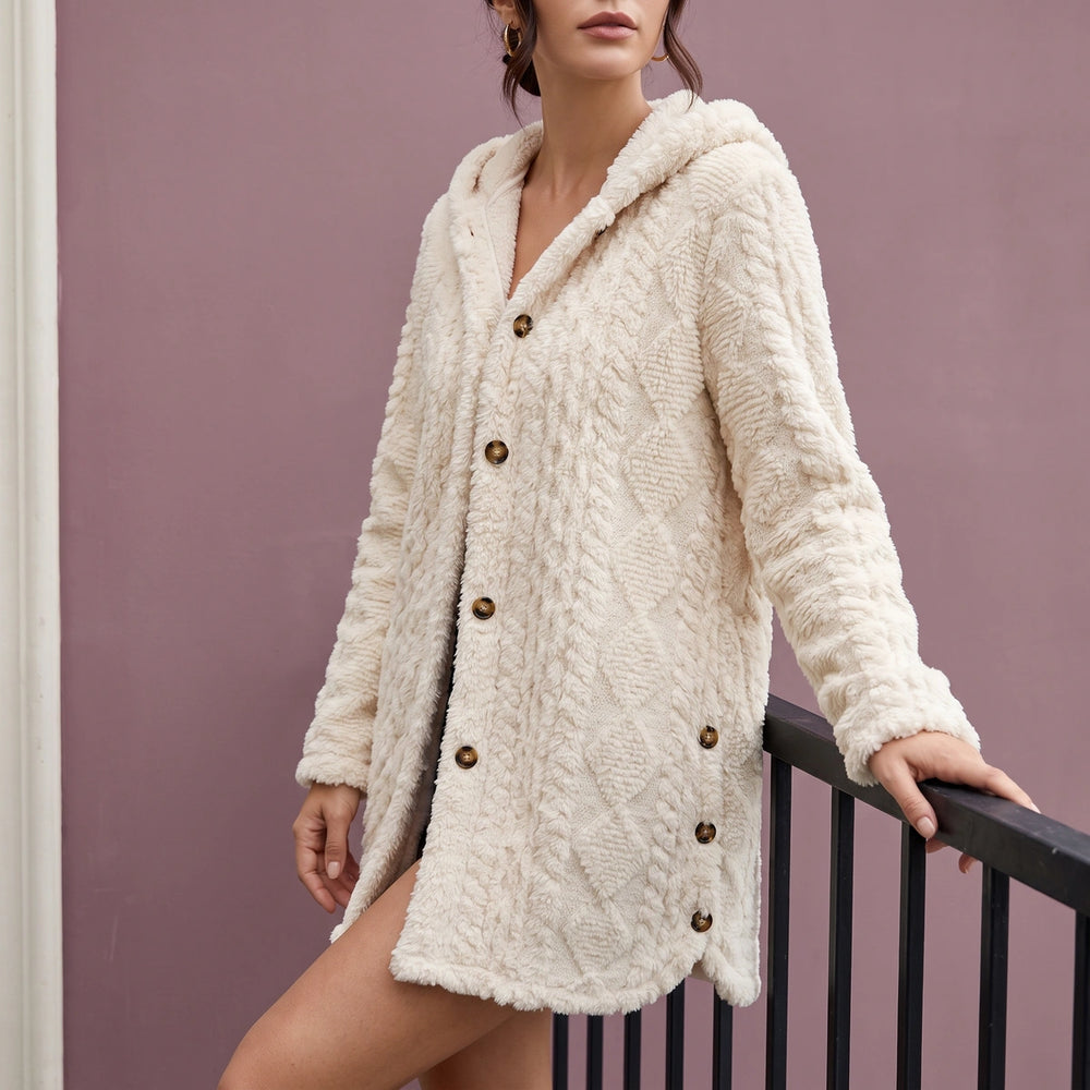 Zelie Plush Cable Textured Hooded Cardigan - White
